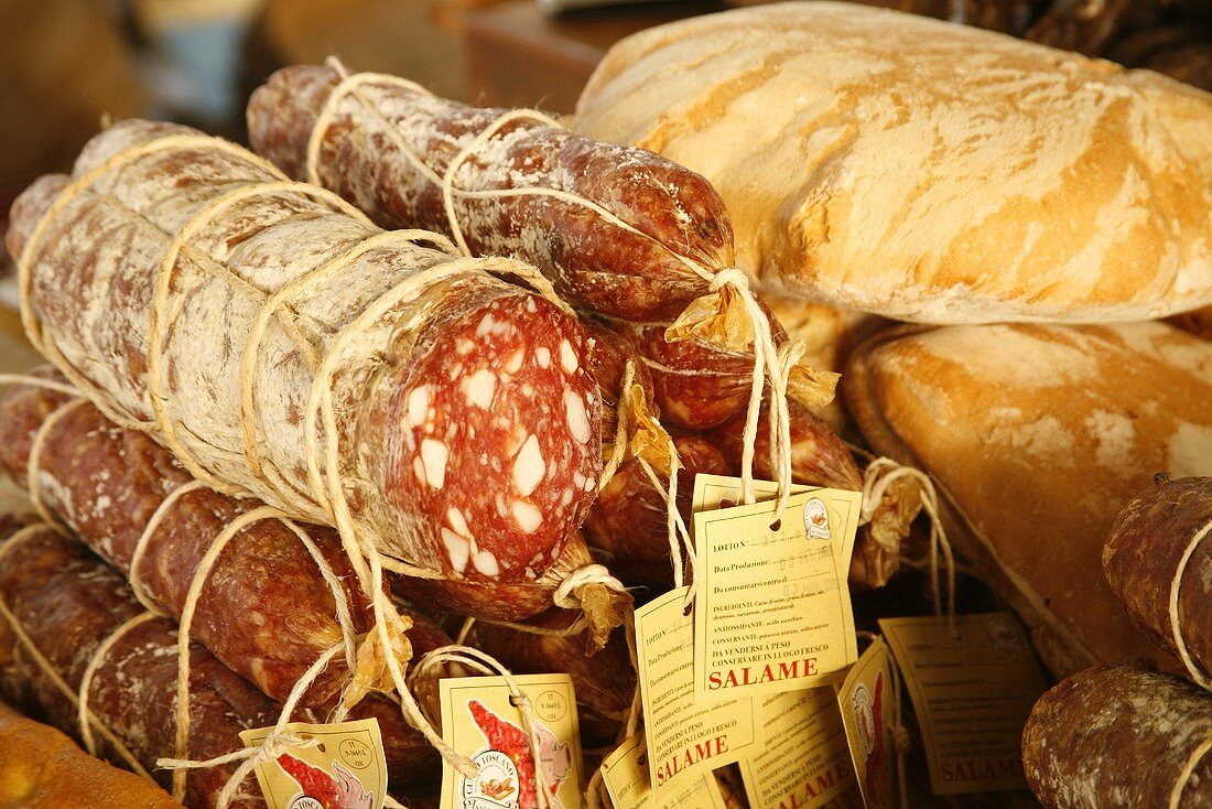 Italian Salami and Bread at Market; Florence, Italy