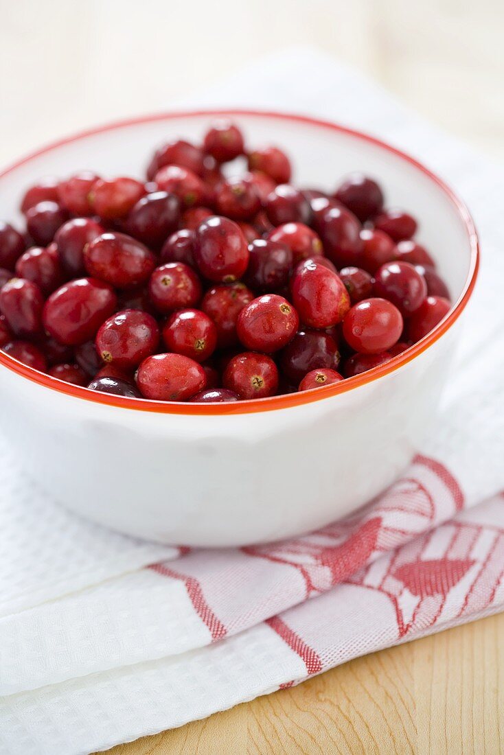 Frische Cranberries in Schale auf Geschirrtuch