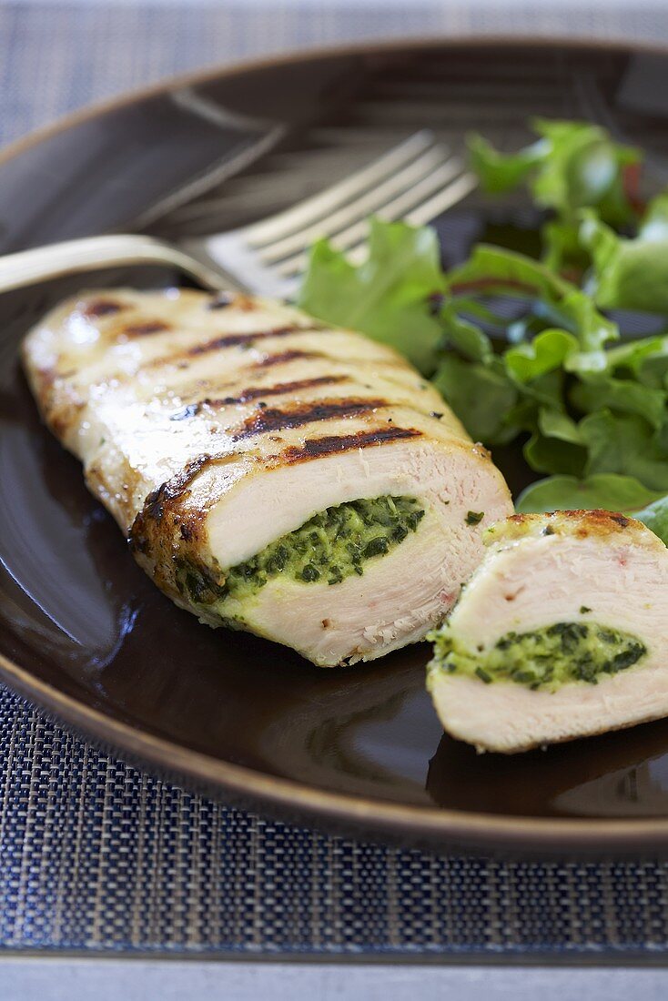 Grilled Chicken Breast Stuffed with Fontina Cheese, Basil and Bread Crumbs