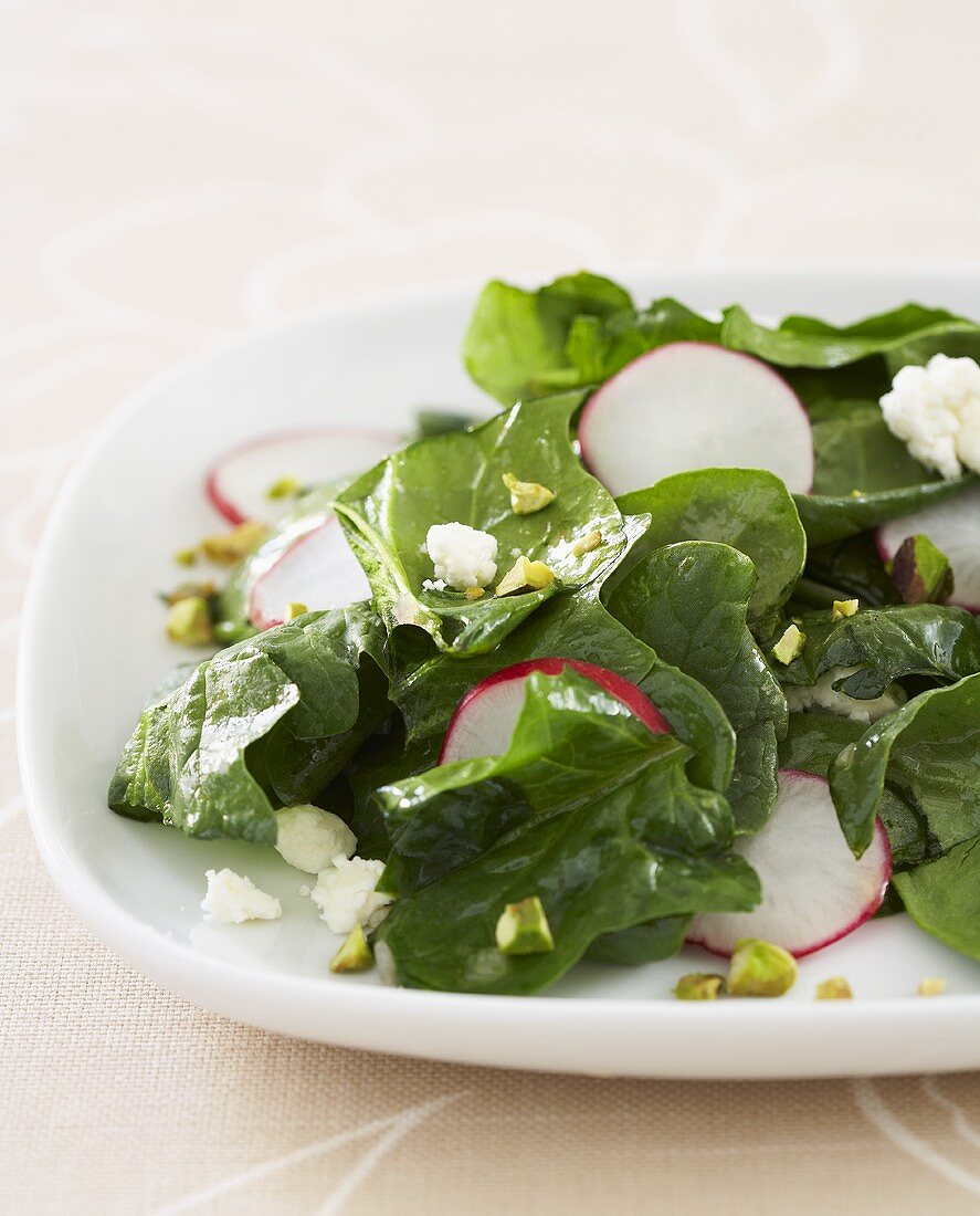 Spinach Salad with Radishes on a White Plate