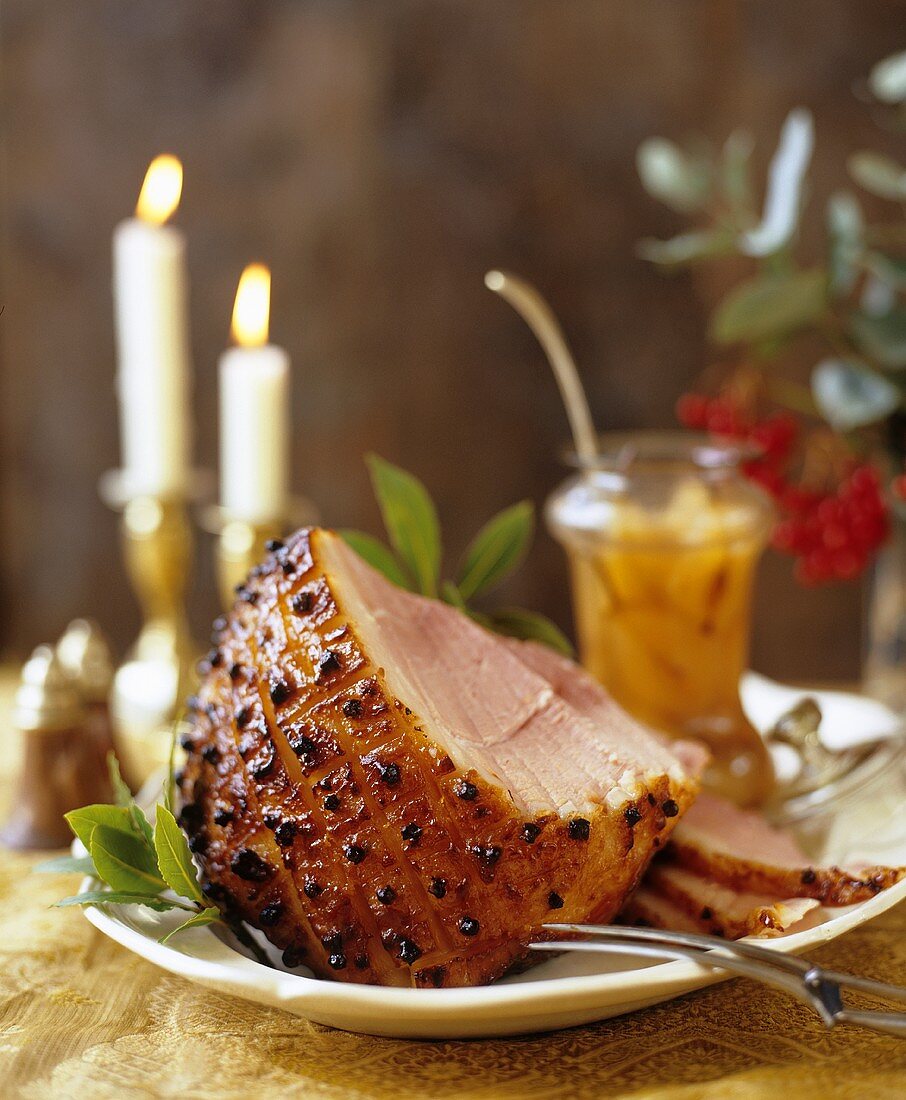 Partially Sliced Stuffed Christmas Ham