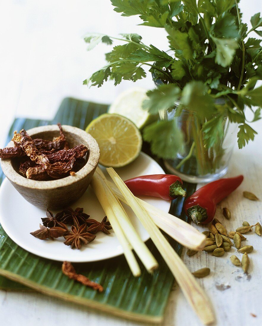 Thai Ingredients; Chili Pepper, Lime, Coriander