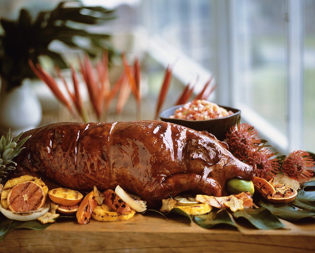 Hawaiian Luau; Whole Roasted Pig with Grilled Fruit