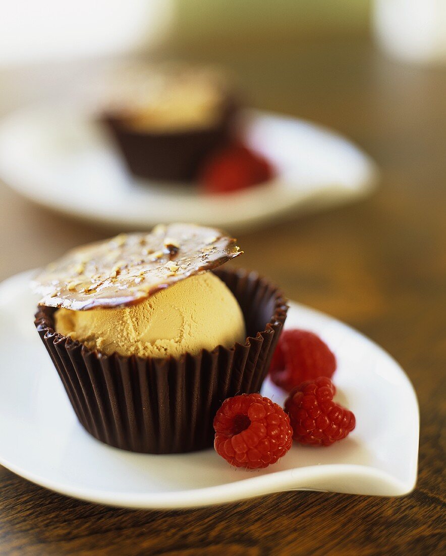 Vanilla ice cream in a chocolate cup with a caramel disc and raspberries