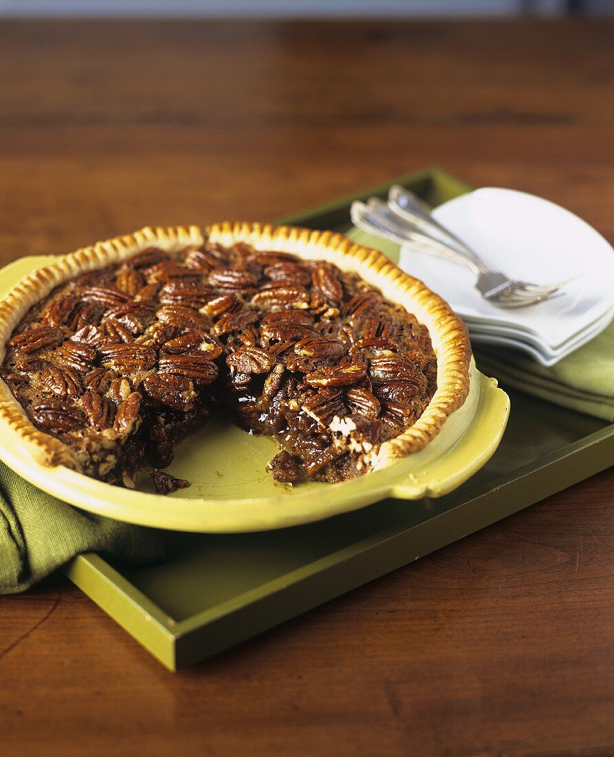 Pecan Pie in Baking Dish with Slice Removed