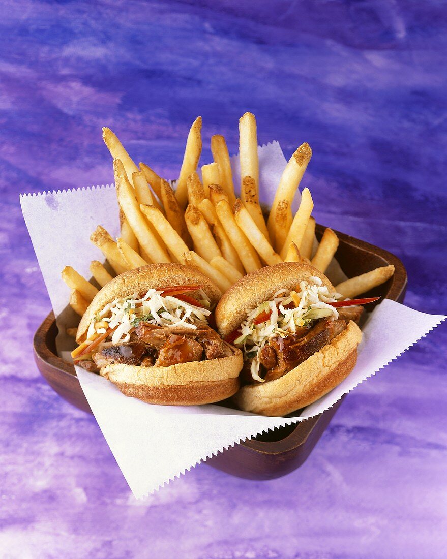 Barbecue Pork and Cold Slaw Sandwiches with French Fries