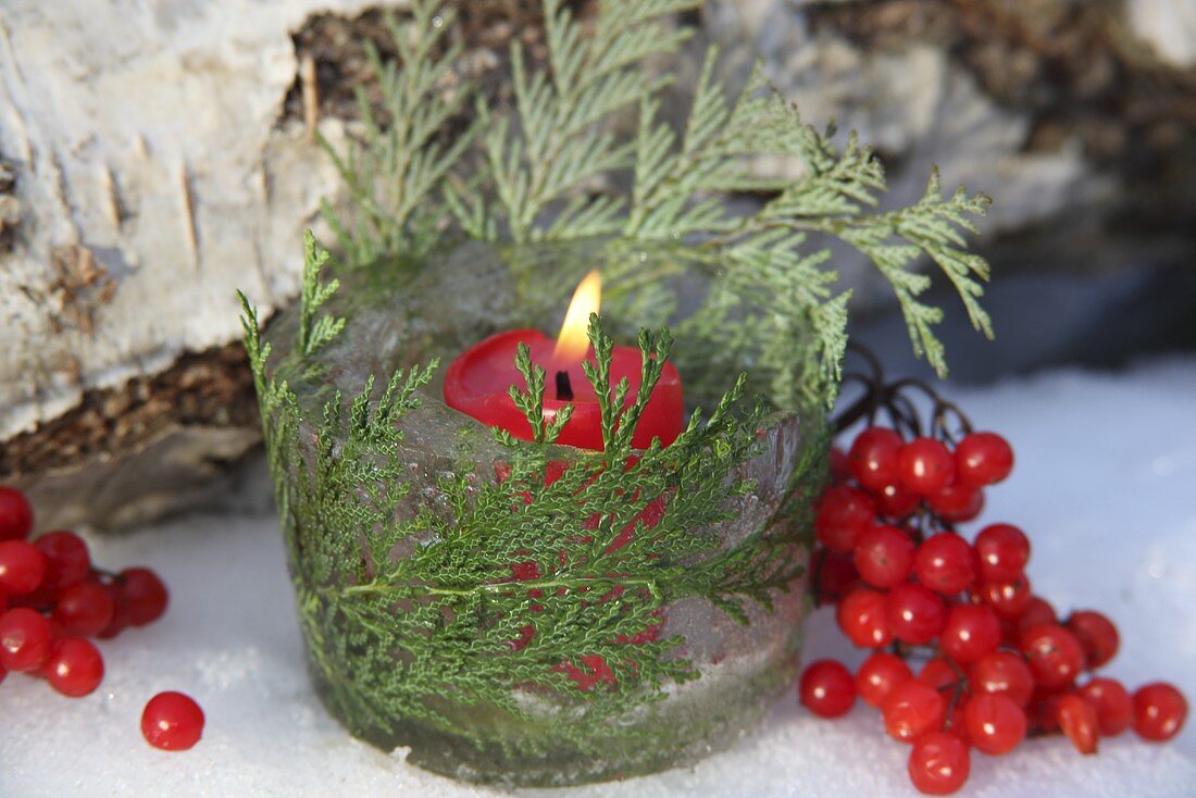 A burning red candle in an ice cream dish decorated wit thuja