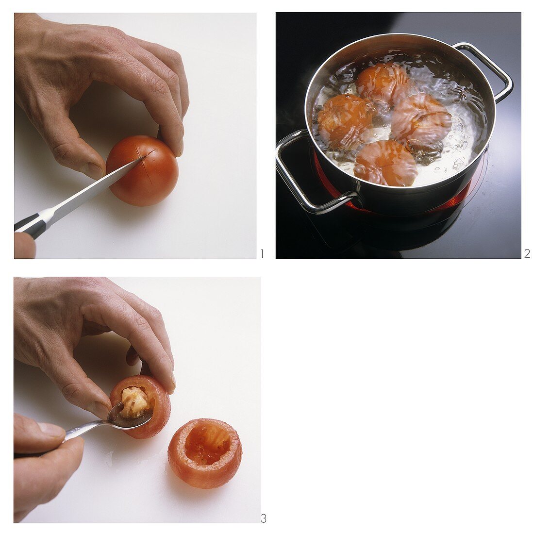 Tomaten einschneiden, blanchieren und aushöhlen
