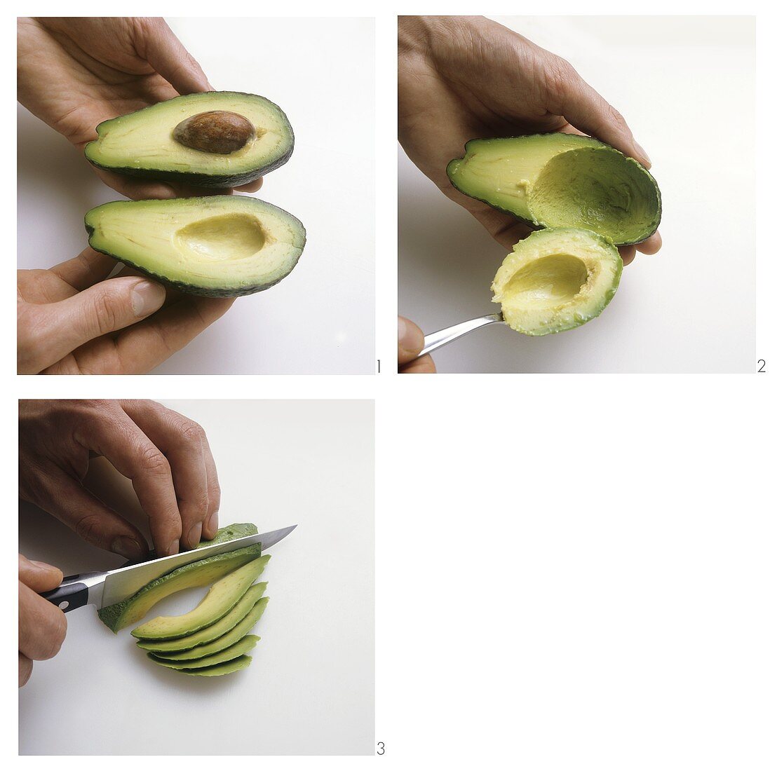 Halving, hollowing and slicing avocado