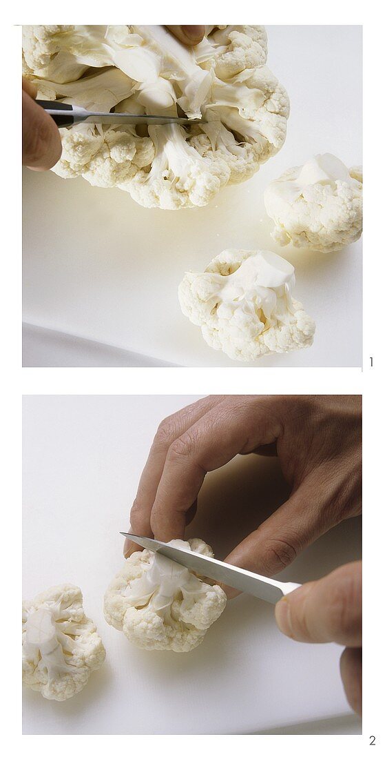 Separating cauliflower into florets and cutting up