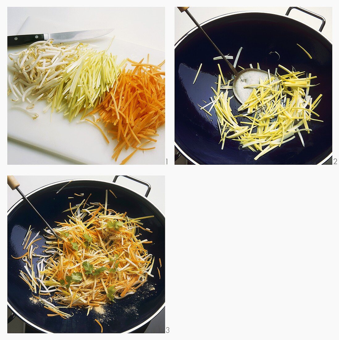 Stir-frying leeks, carrots and soya beans