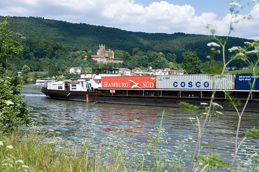 Container ship on the river Neckar near Neckarsteinach, Baden-Wurttemberg, Germany