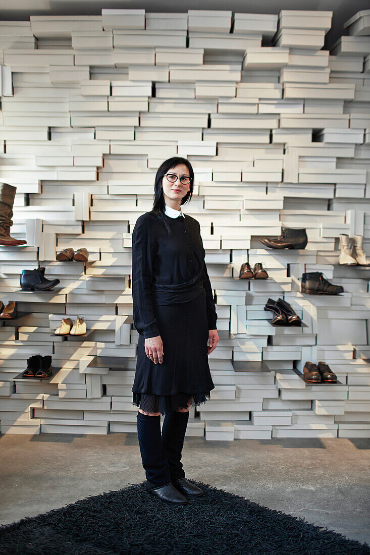 Shoe designer Elena Dobele in her shop ZOFA, Antonijas Iela 22, Art Nouveau quarter, Riga, Latvia