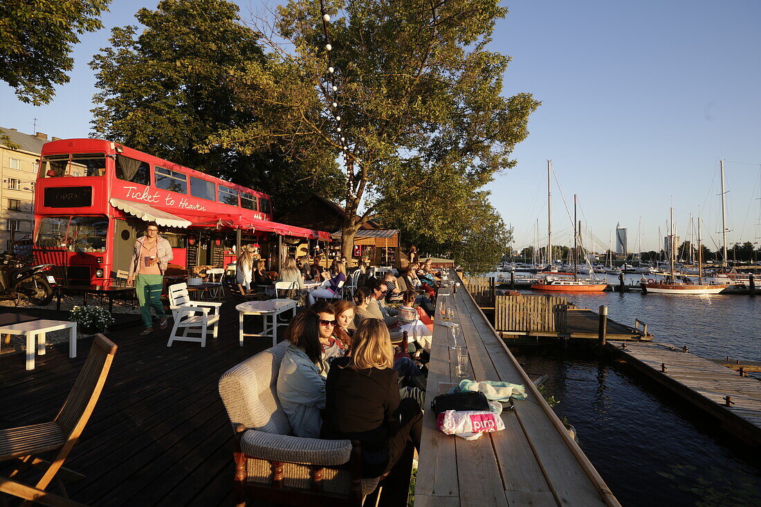 Bar and restaurant Ticket to Heaven, Andrejosta harbour and marina on right river bank, Daugava river, Riga, Latvia