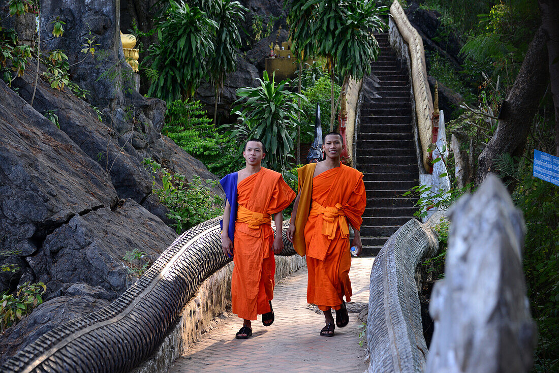 Two monks at Phou Si Hill, Luang Prabang, Laos, Asia