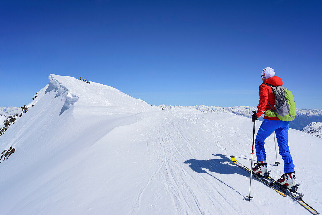 Woman back-country skiing ascending towards Palon de la Mare, Palon de la Mare, Val dei Forni, Ortler range, Lombardy, Italy