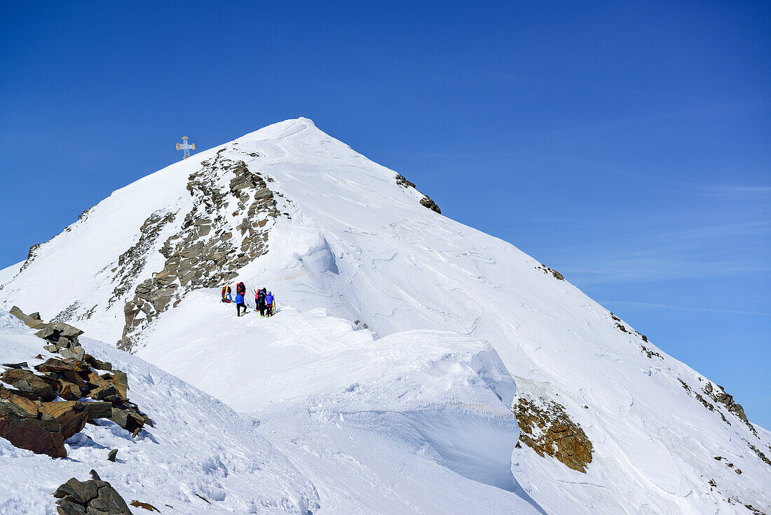 Several persons back-country skiing standing on ridge of Pizzo Tresero, Pizzo Tresero, Val dei Forni, Ortler range, Lombardy, Italy