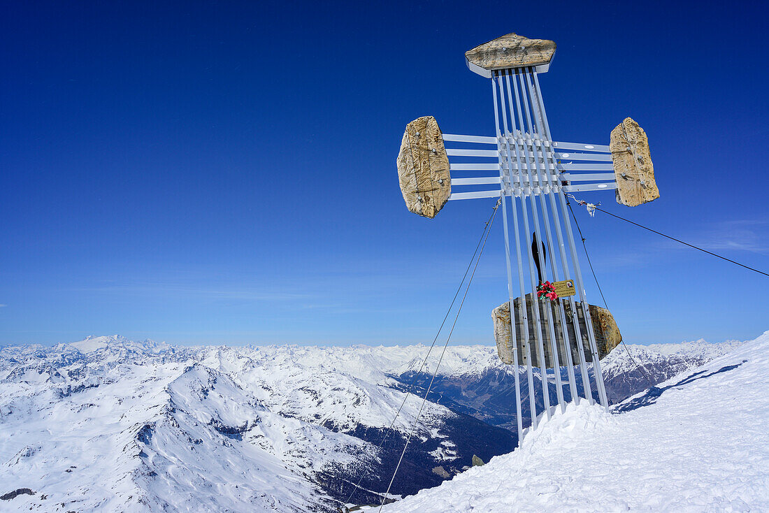 Modern cross at summit of Pizzo Tresero, Pizzo Tresero, Val dei Forni, Ortler range, Lombardy, Italy