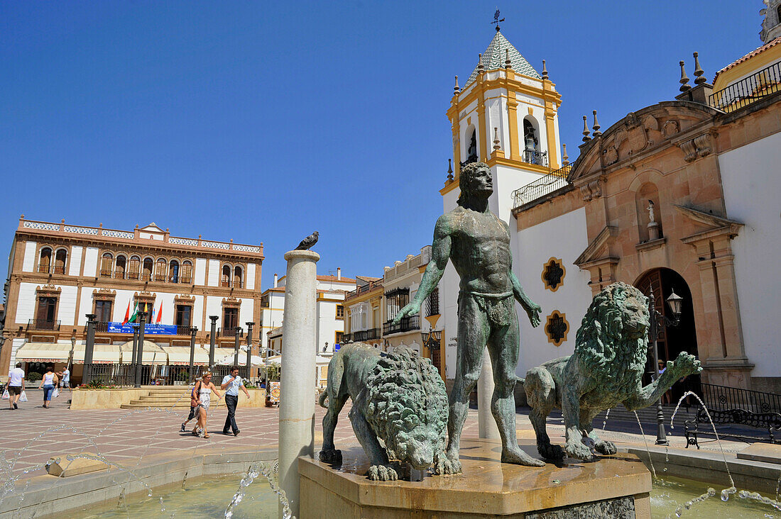 Lion fountain on Plaza de Socorro square, Ronda, Malaga Province, Andalusia, Spain