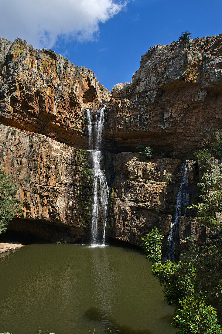 Natural park with waterfall, Cascada de la Cimbarra, Despenaperros, Andalusia, Spain