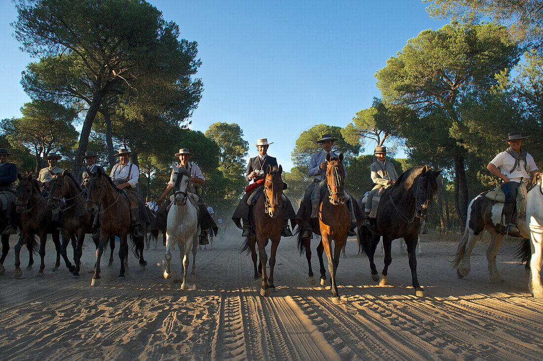 Reiter mit traditionellen Flamenco Hüten auf der Wallfahrt zu Pfingsten zu 'Nuestra Senora de El Rocio' auf dem Pilgerweg La Raya Real von Sevilla nach El Rocio, Huelva, Andalusien, Spanien