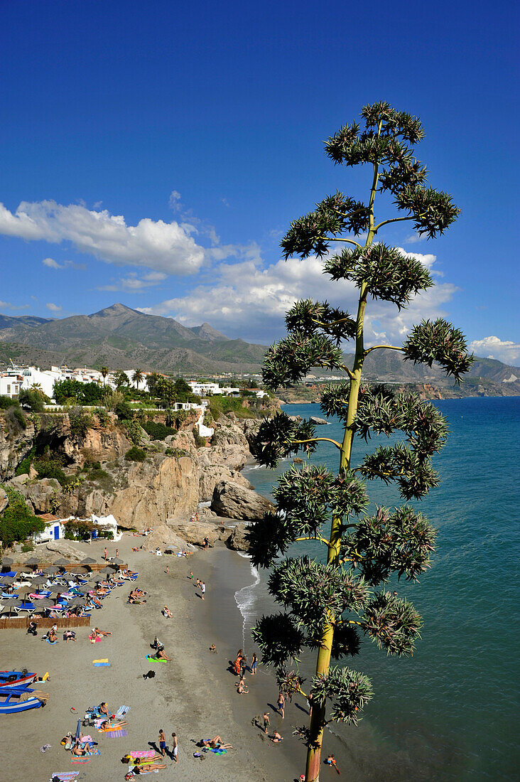 Blick zum Strand und auf das Meer am Balcon de Europa in Nerja, Provinz Malaga, Andalusien, Spanien