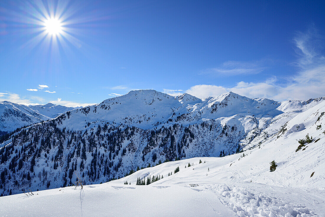 View to Gerstinger Joch, from Floch, valley of Spertental, Kitzbuehel range, Tyrol, Austria