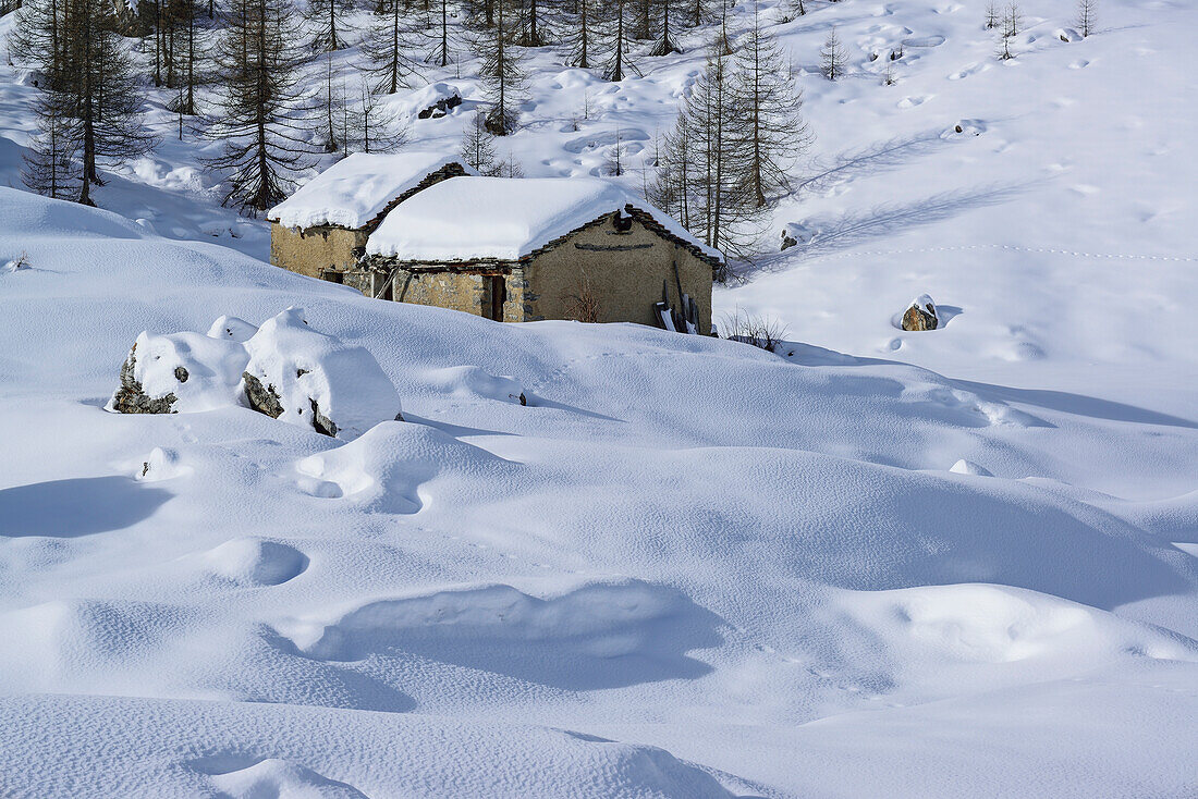 Verschneite Almhütten im Valle Enchiausa, Valle Enchiausa, Valle Maira, Cottische Alpen, Piemont, Italien