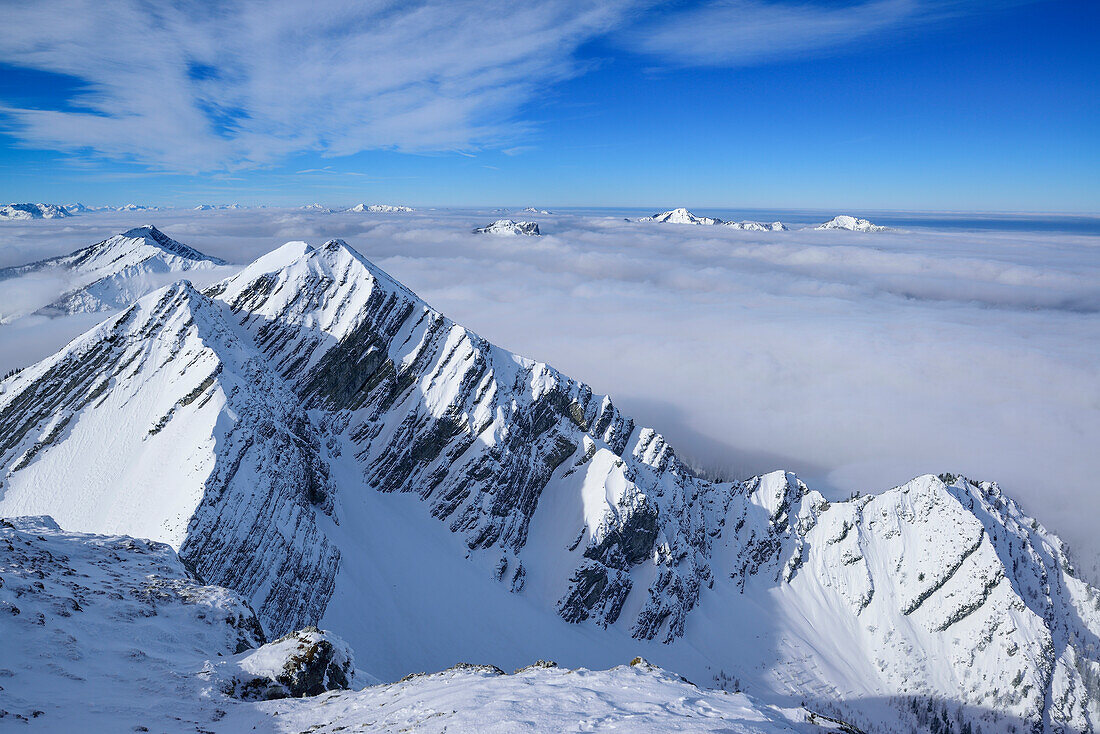 Chiemgau range with Reifelberge above sea of fog, from Sonntagshorn, Chiemgau range, Salzburg, Austria