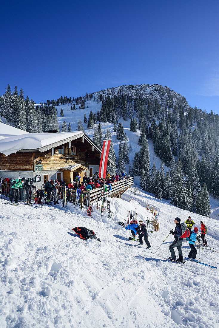 Terrace of hut Hochalm, Hochalm, Sonntagshorn, Chiemgau range, Salzburg, Austria