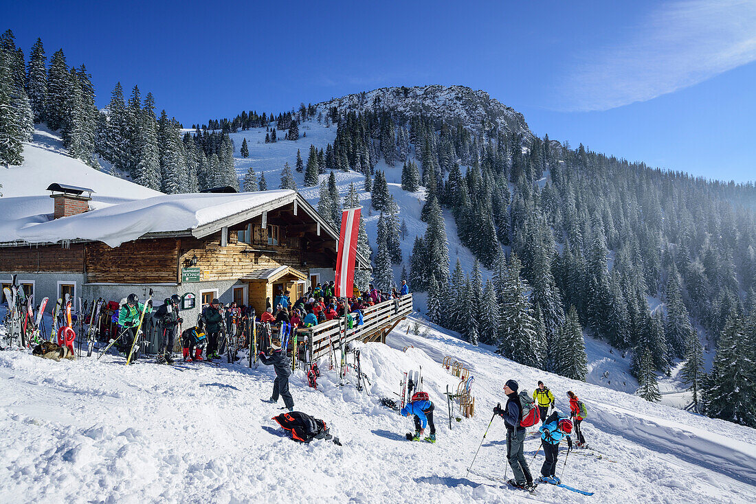 Terrace of hut Hochalm, Hochalm, Sonntagshorn, Chiemgau range, Salzburg, Austria