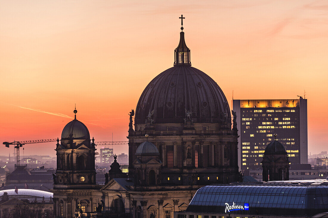 View at sunset from Alexanderplatz towards Berlin Cathedral, Berliner Dom, Berlin, Germany