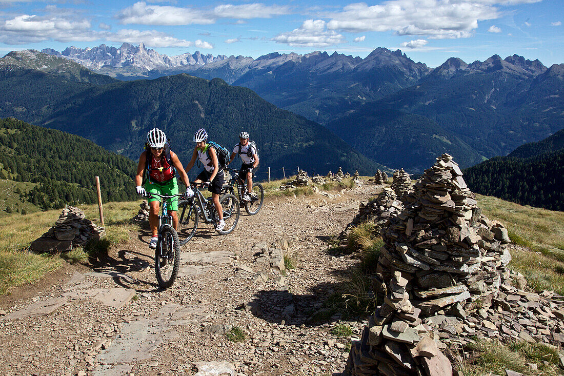 drei Mountainbiker zwischen Steinmännchen am Latemar, Trentino, Italien
