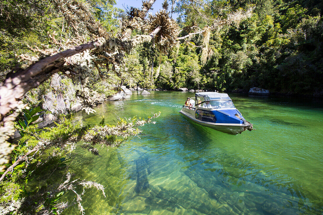 Motorboot in der Bucht Falls Creek, Abel Tasman Nationalpark, Südinsel, Neuseeland