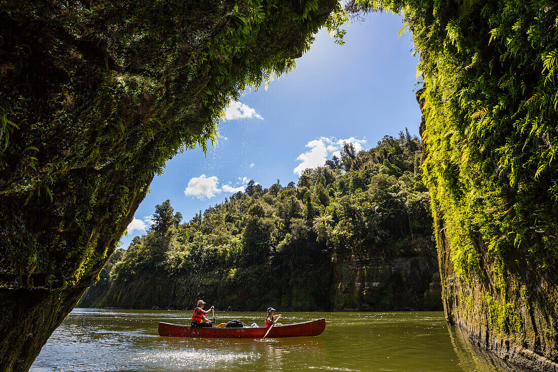 Ein Mädchen und eine Frau auf einem Kanu Trekking auf dem Whanganui River, Nordinsel, Neuseeland