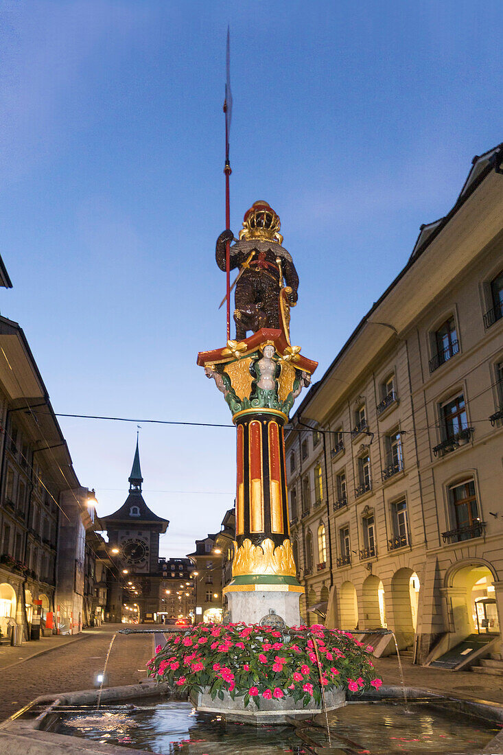 Fountain with Zytglogge Tower, Simson Fountain, Kramgasse,  Old City Center of Berne