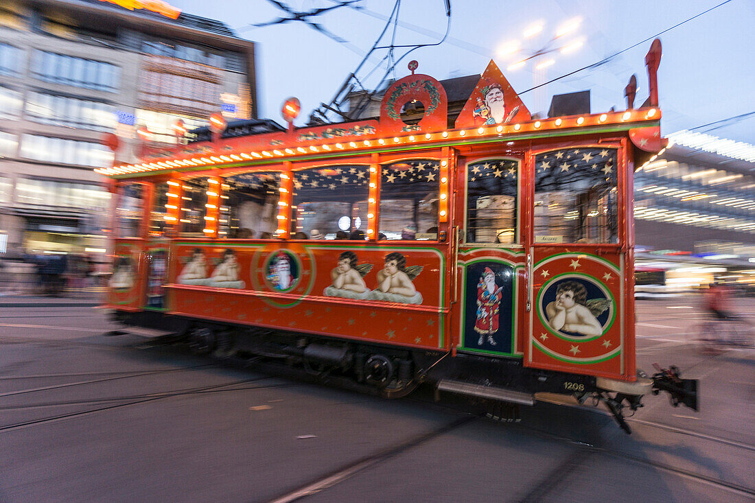 Christmas Tram, Maerlitram, Blurrred Motion, Santa Claus, Zurich, Switzerland
