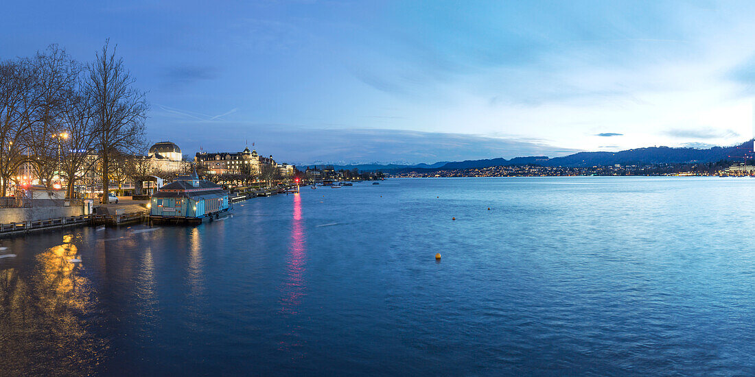 Zurich Lake Panorama at Twilight in Winter,  Zurich, Switzerland