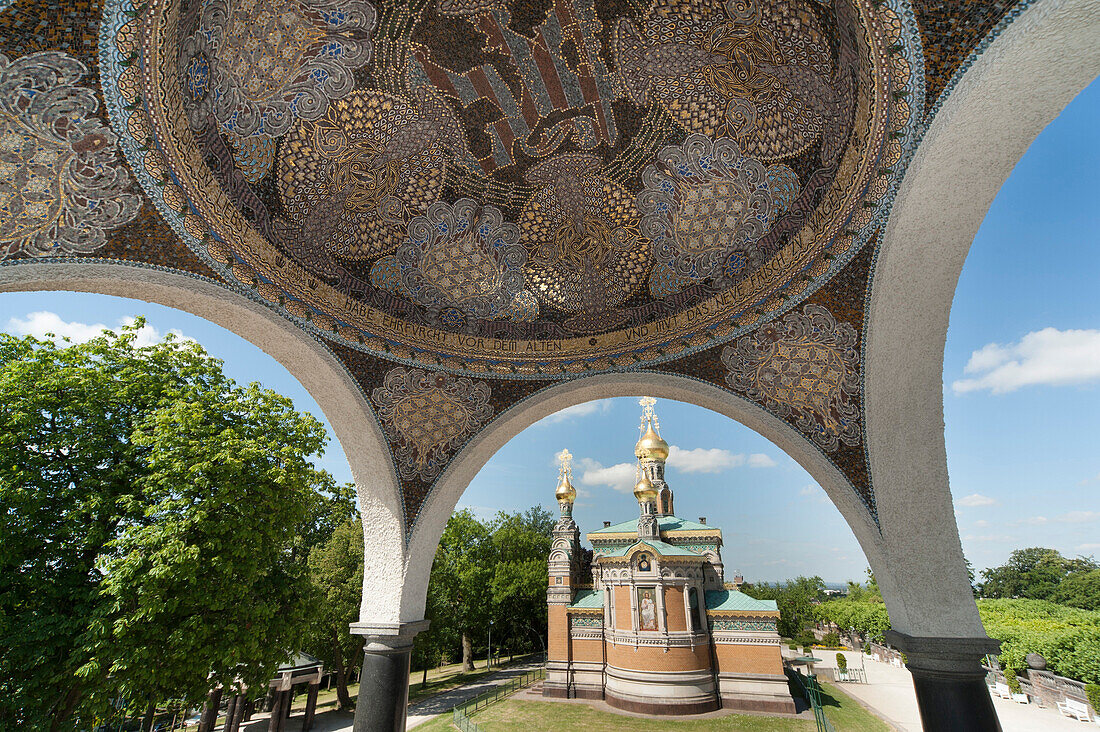 Art nouveau mosaic and Russian Chapel, Mathildenhoehe, Darmstadt, Hesse, Germany