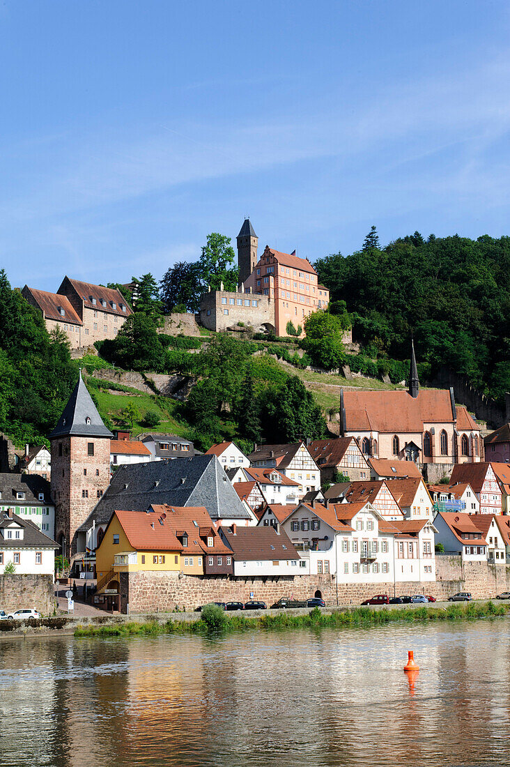 Old town with Hirschhorn castle, Hirschhorn on the river Neckar, Hesse, Germany
