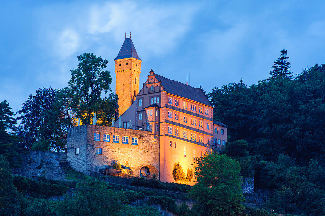 Hirschhorn castle at dusk, Hirschhorn on the river Neckar, Hesse, Germany