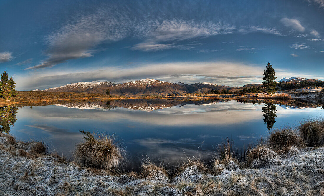 Frosty winter dawn with reflection in small pond, central Otago, New Zealand