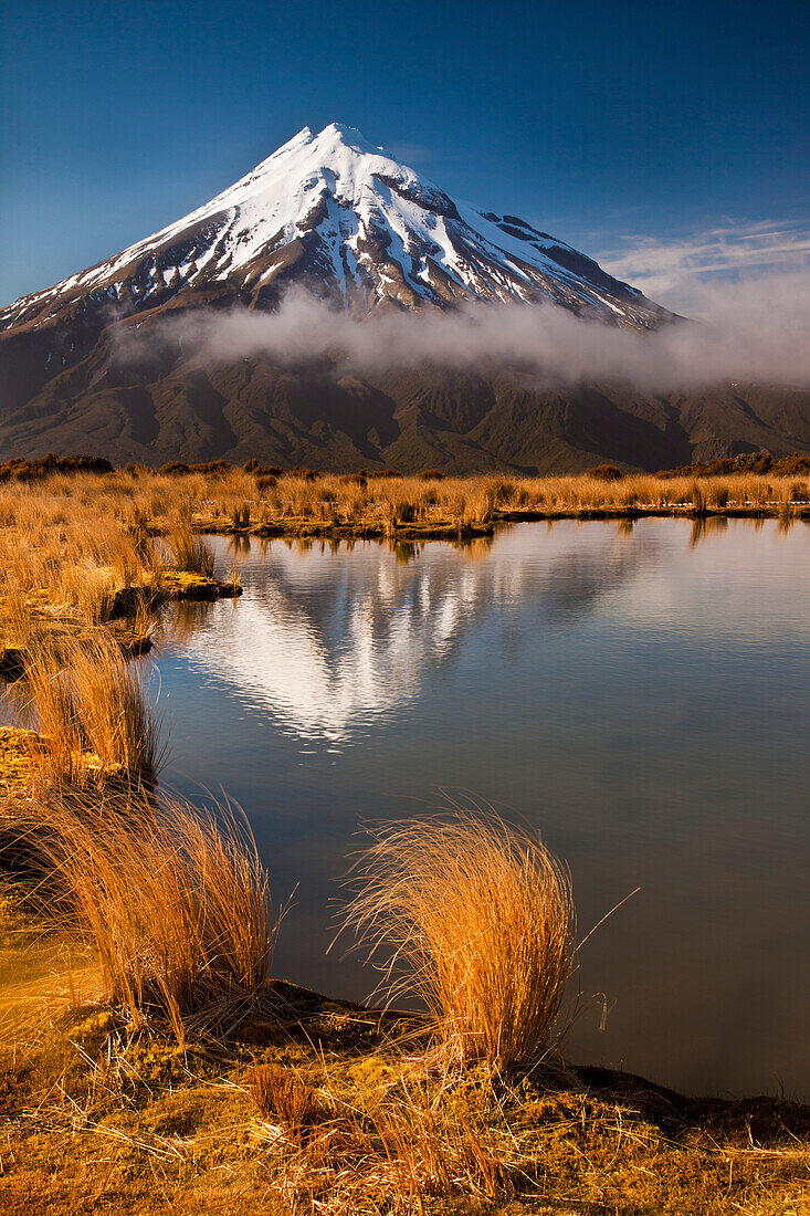 Mount Taranaki reflected in small tarn on slopes of Pouakai Range, New Zealand