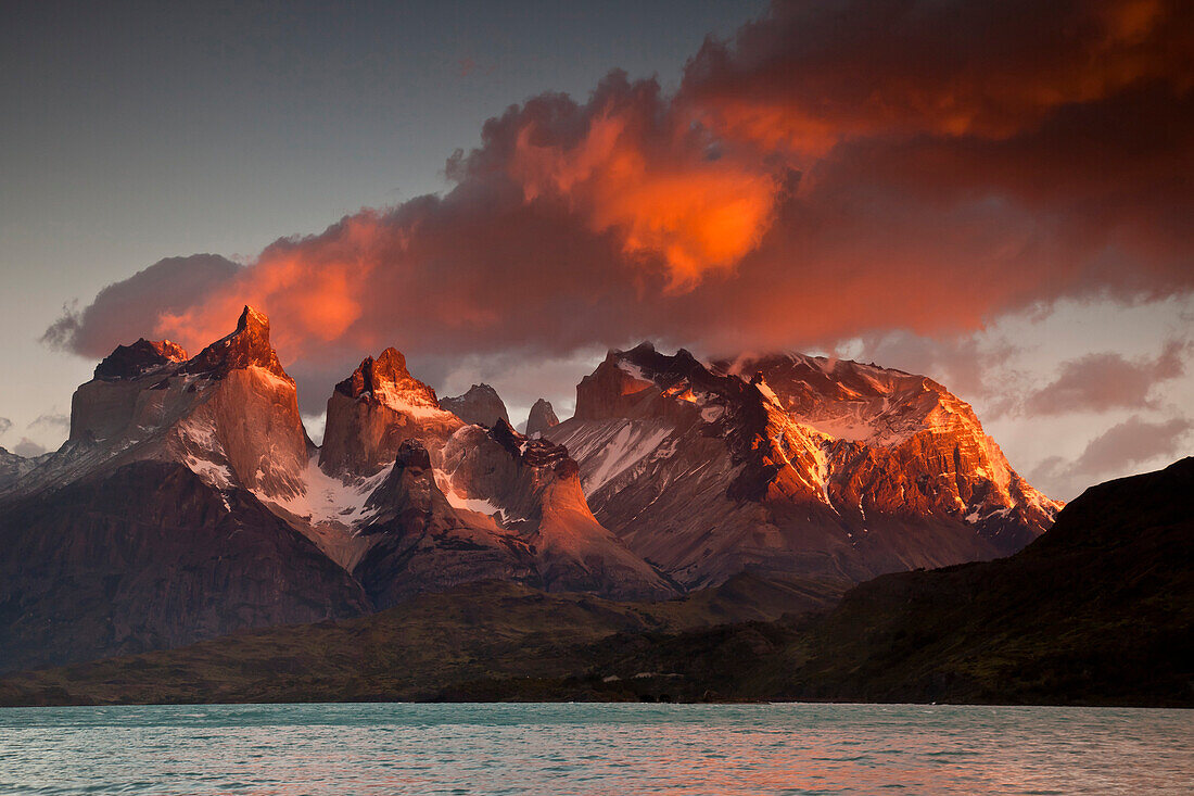 Cuernos del Paine at dawn above Lago Pehoe, Torres Del Paine National Park, Patagonia, Chile