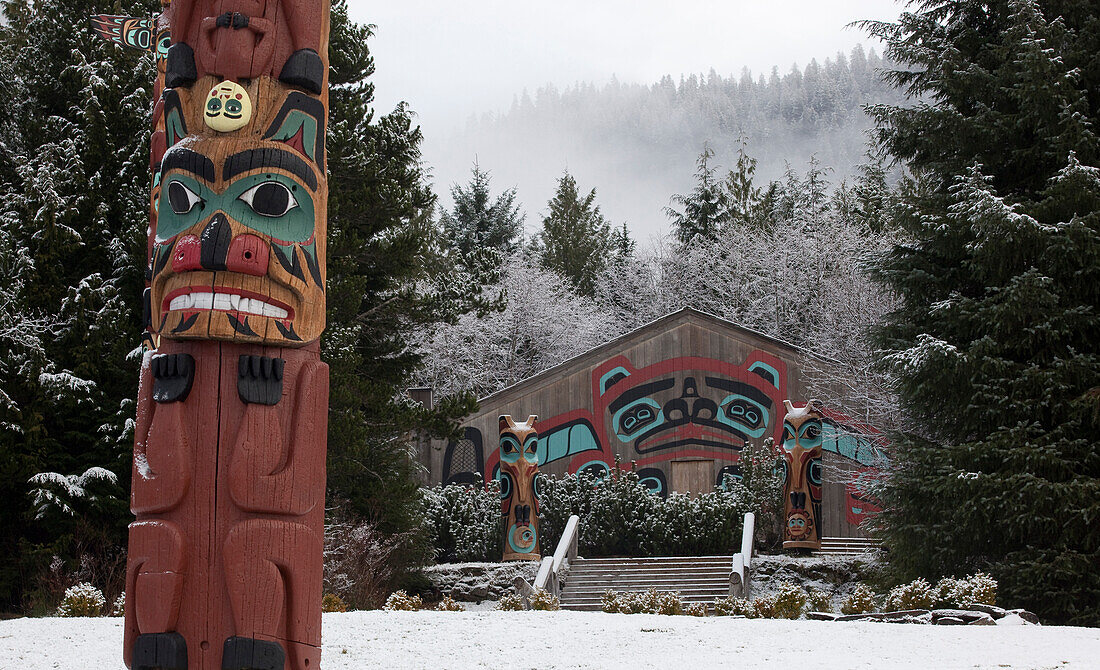 Tlingit totem pole and longhouse at Saxman Native Village, Ketchikan, Alaska