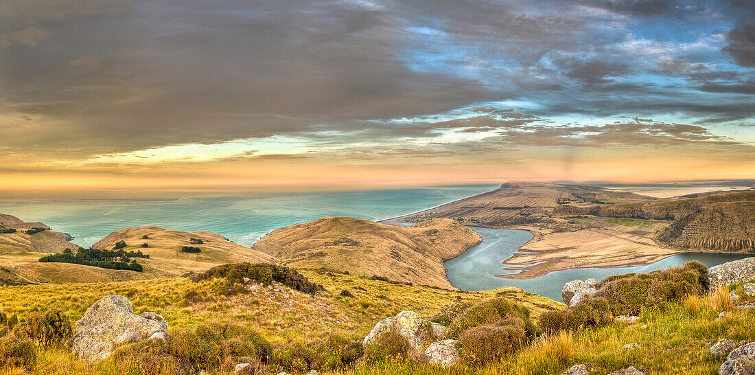 Lake Forsyth at dawn, eastern bays Banks Peninsula, Canterbury, New Zealand