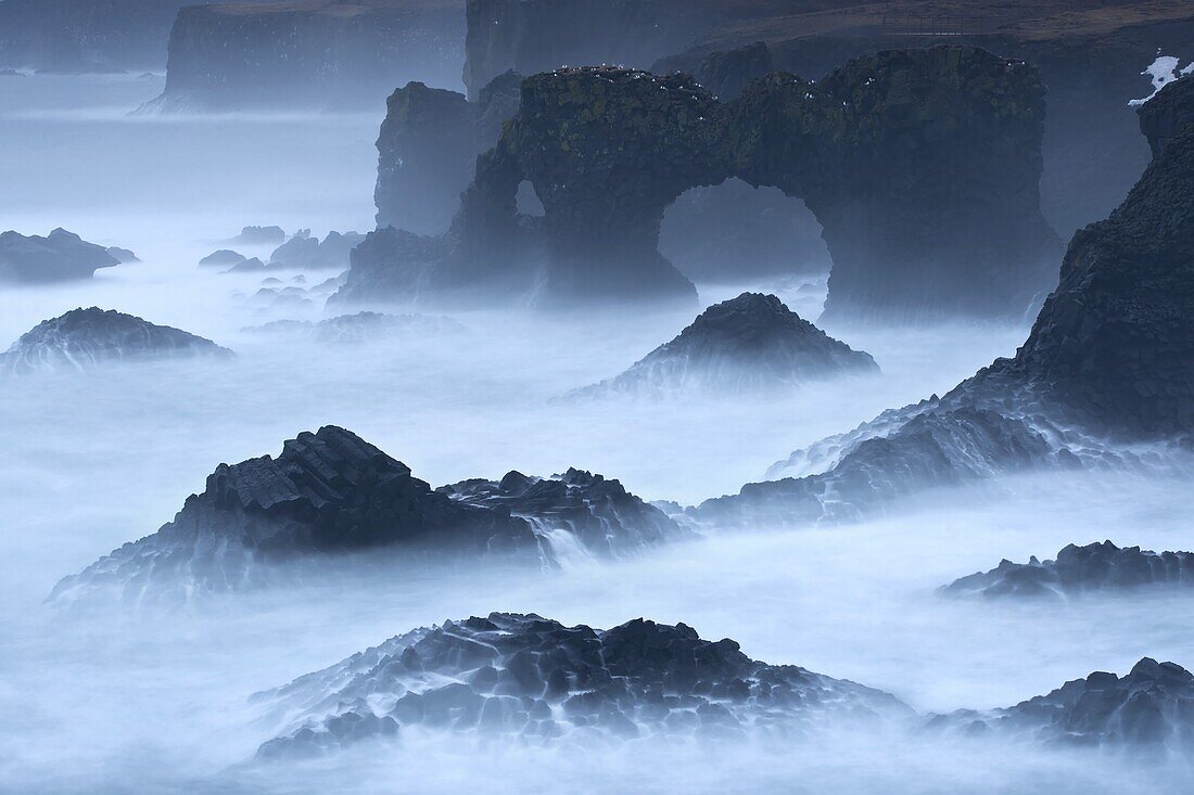 Nearshore rock stacks in fog, Snaefellsnes Peninsula, Iceland