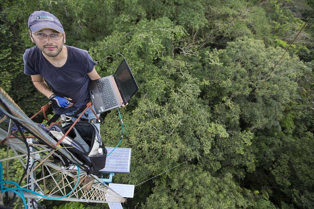 Scientist measuring gas emissions on tower above the tropical rainforest canopy, Barro Colorado Island, Panama