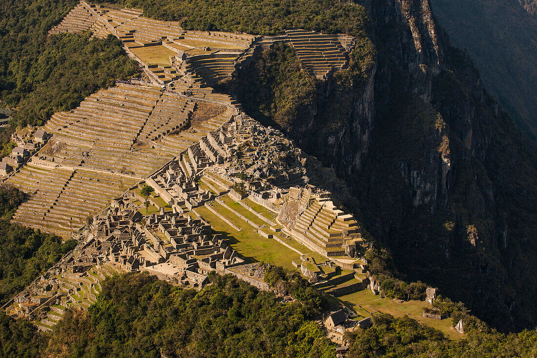 Machu Picchu above Urubamba Valley, view from Huayna Picchu peak near Cuzco, Peru