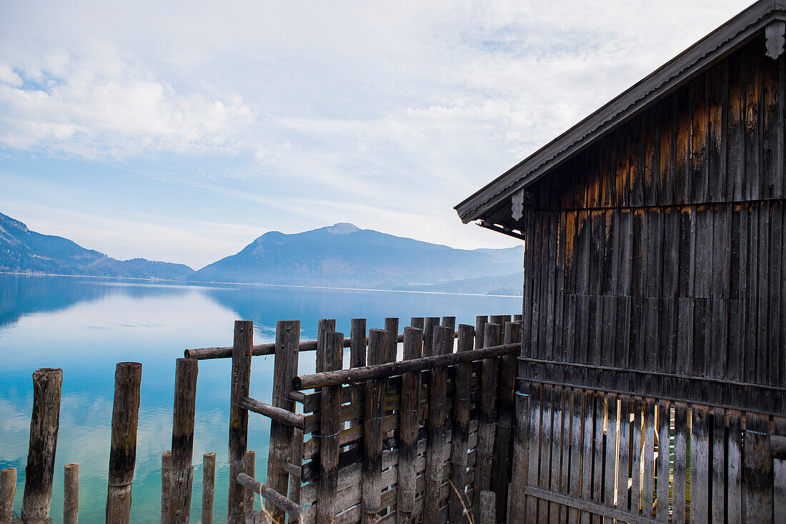 Boathouse at Lake Walchensee in the morning mood, Lake Walchensee, Alps, Bavaria, Germany